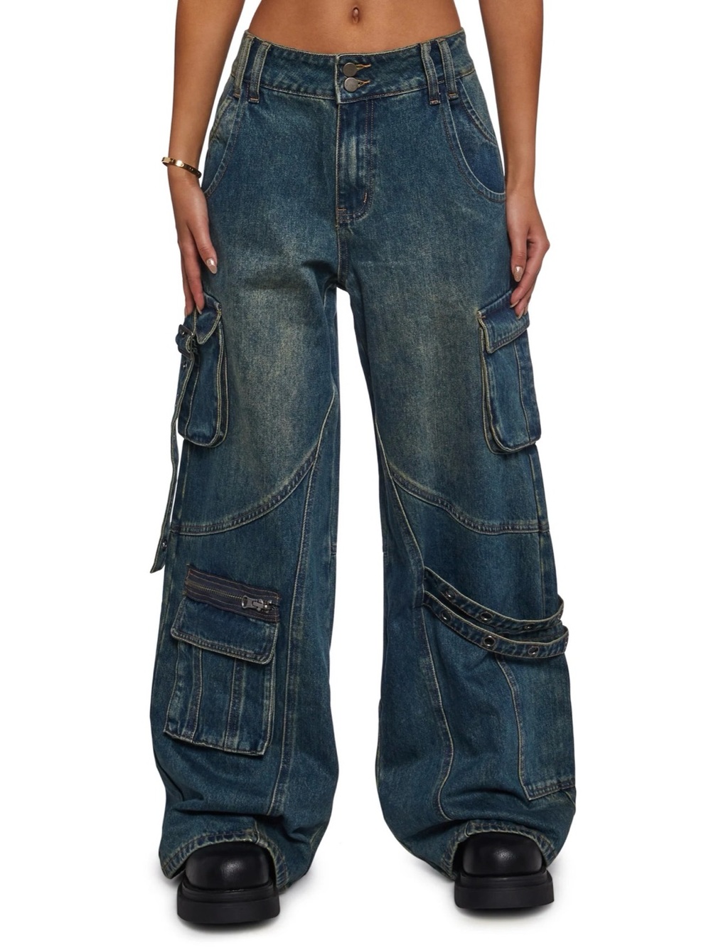 Current Mood Dark Blue Wide-Leg Cargo Jeans